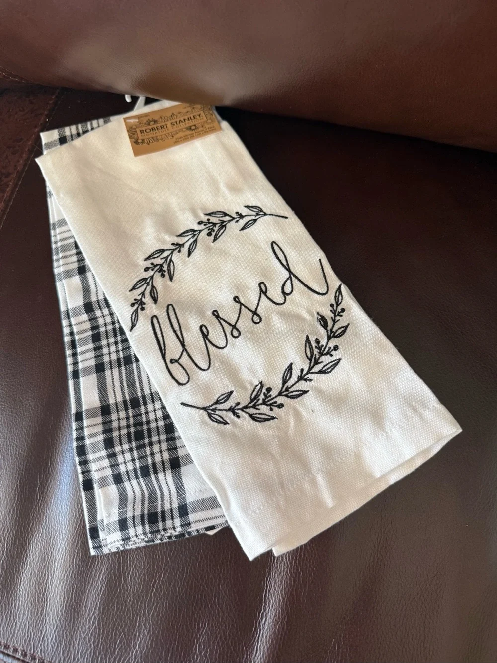 Set of 2 NEW dish towels embroidered blessed black and white plaid